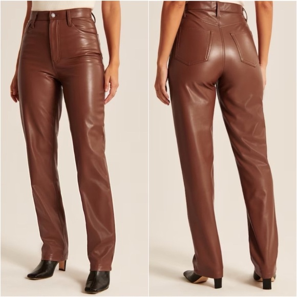 ABERCROMBIE • Curve Love Vegan Leather 90s Straight Pant in Dark Brown - Picture 2 of 10